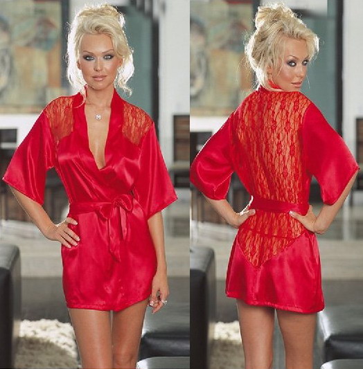 Sexy RED Satin Lace Lingerie Sleepwear Robes Night Gown Nightwear